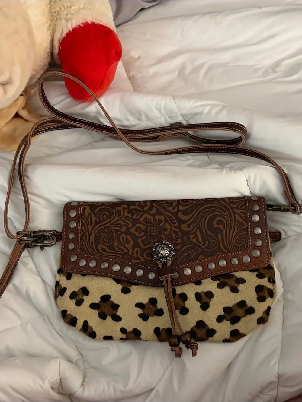 Brown Tooled Leather and Leopard Print Crossbody Shoulder Bag